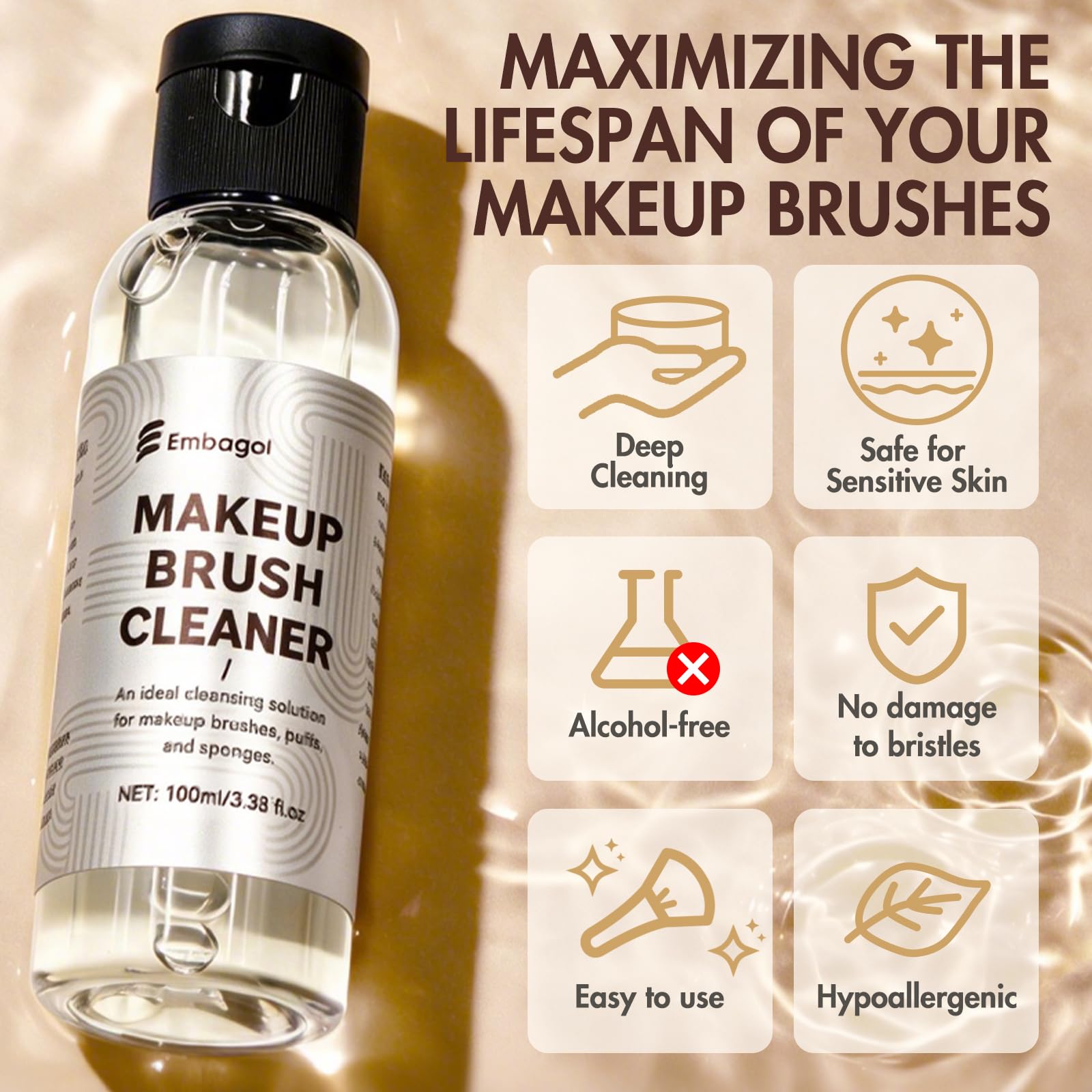 Embagol Makeup Brush Cleaner Kit with Cleaning Bowl, Make Up Brush Cleansers Solution for Sponges, Puffs and Brushes - Gentle Formula, Cruelty Free(2-pieces set, 100ml/3.38 fl oz + Khkai)