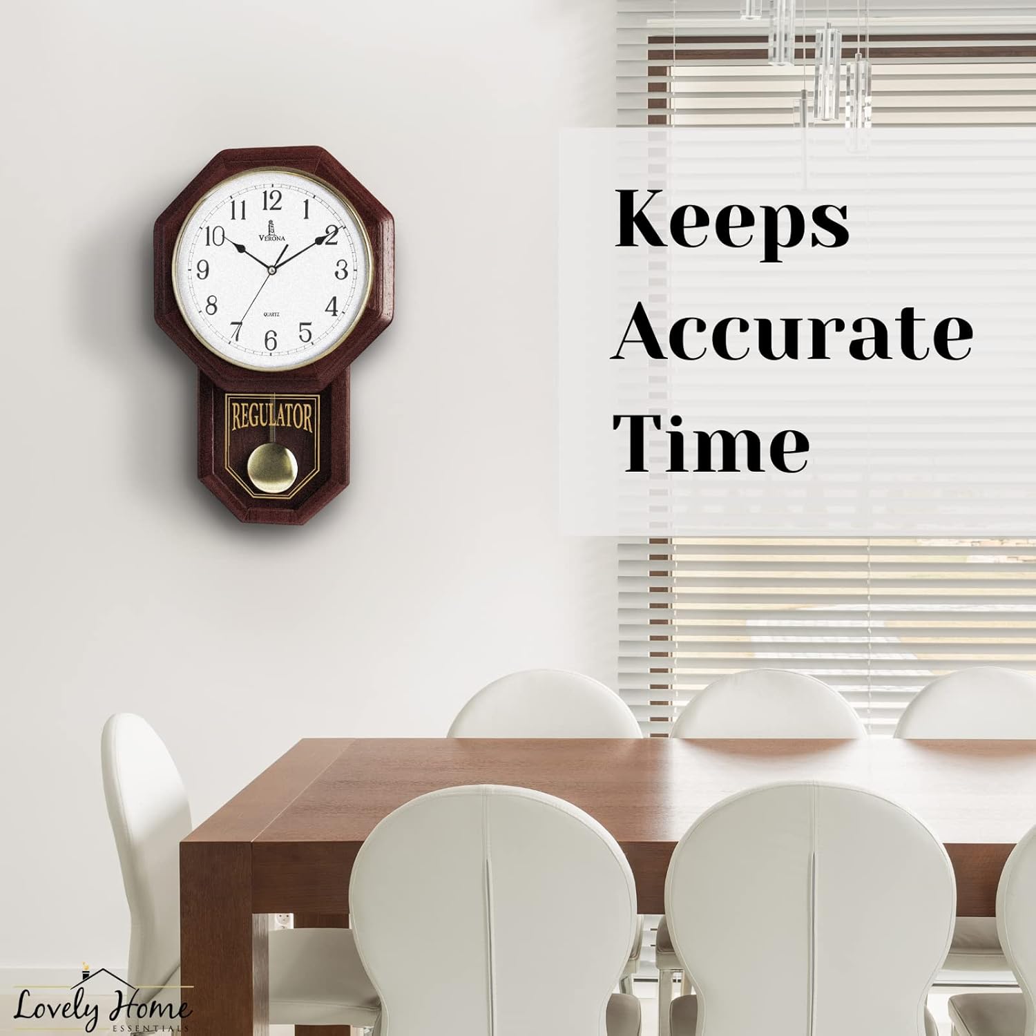 Lovely Home Essentials pendulum wall clock with real wood finish, schoolhouse style, quiet regulator clock for home decor