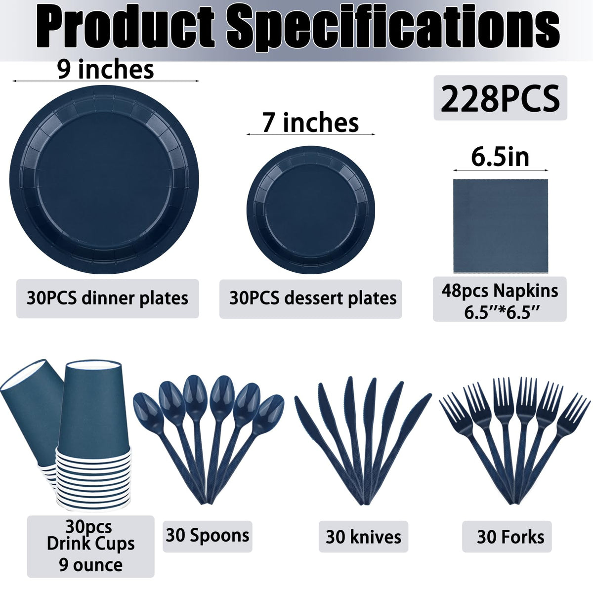 228PCS Navy Blue Party Supplies Set for 30 Guests Paper - TWOWYHI Official Imagery - 4