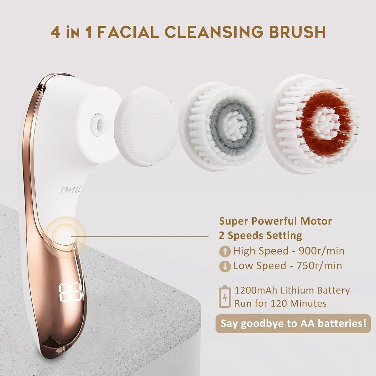 Facial Cleansing Brush Electric Face Scrubber with 4 Brush - IWEEL Official Imagery - 3