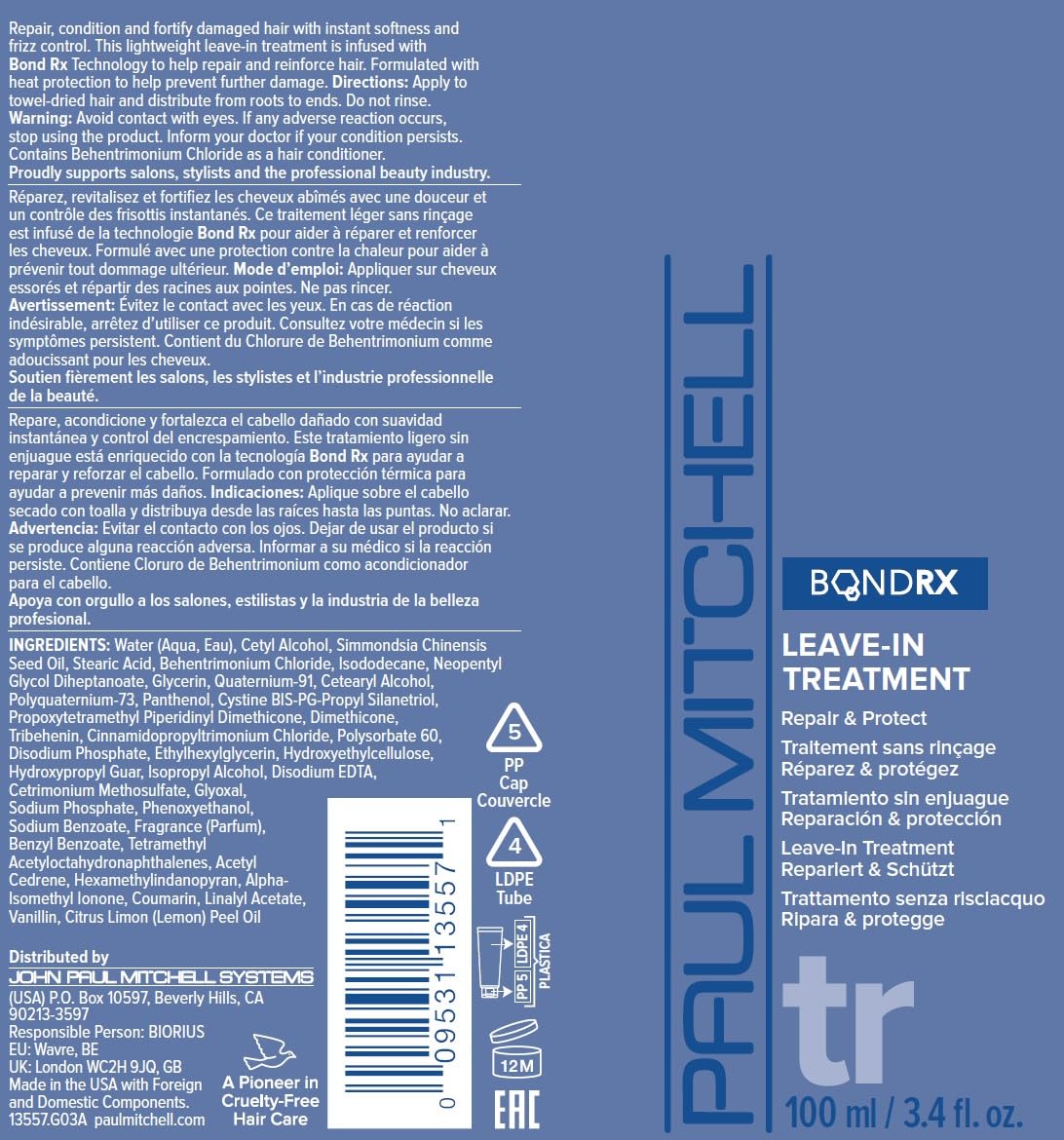 Paul Mitchell Bond Rx Leave-In Treatment, Repairs + Protects, For Chemically Treated + Damaged Hair, 3.4 fl. oz.
