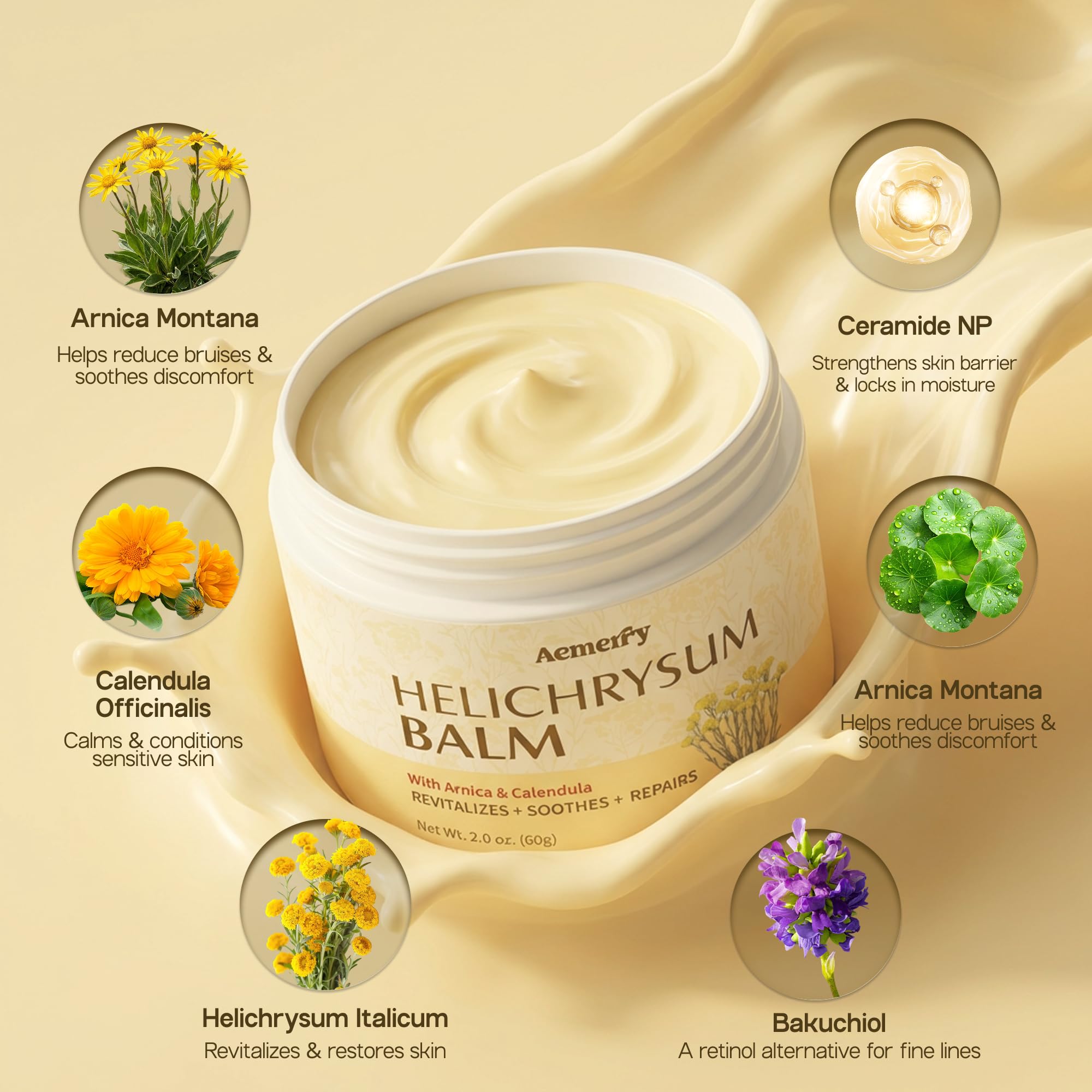 Velvet Aura Helichrysum Balm moisturizer for mature and delicate skin, 2 oz, in a small jar with a gold lid.