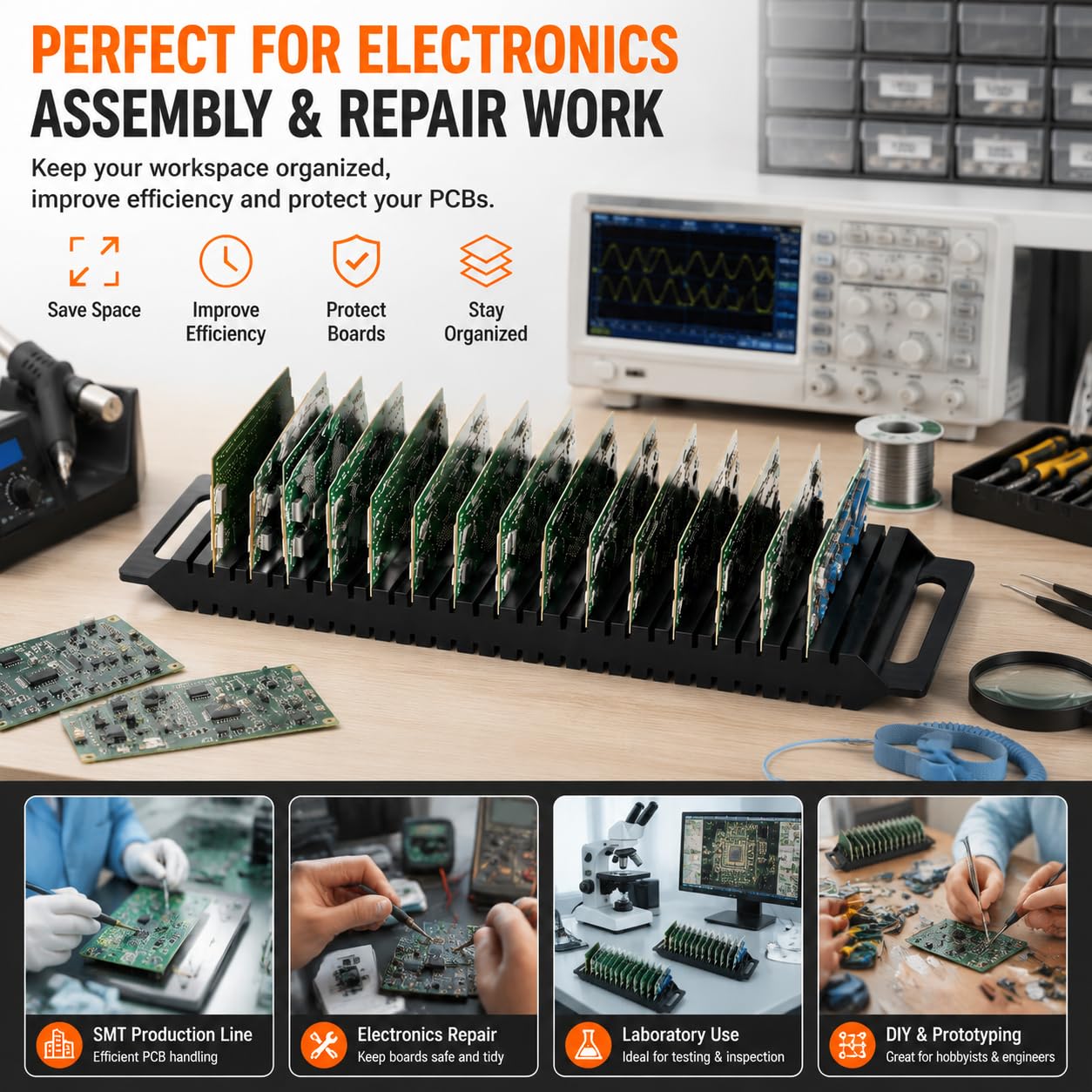 Hemoton Professional ESD PCB holder rack with 25 slots, circuit board storage organizer, mounted bracket for electronic components.