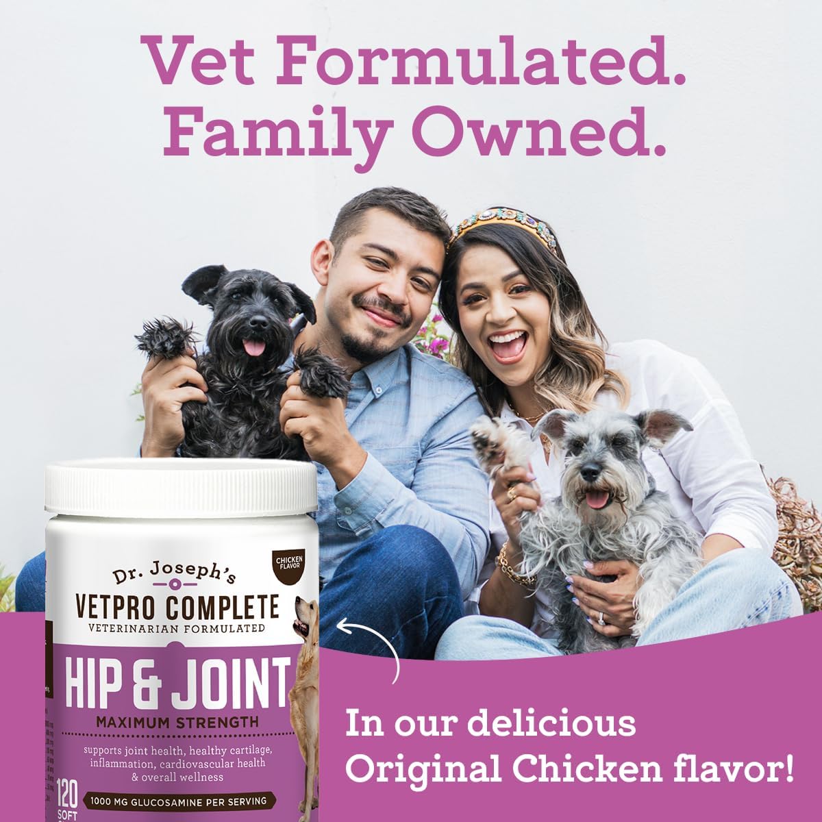 VetPro Complete dog hip and joint supplement for arthritis pain relief, showing the supplement bottle and label.