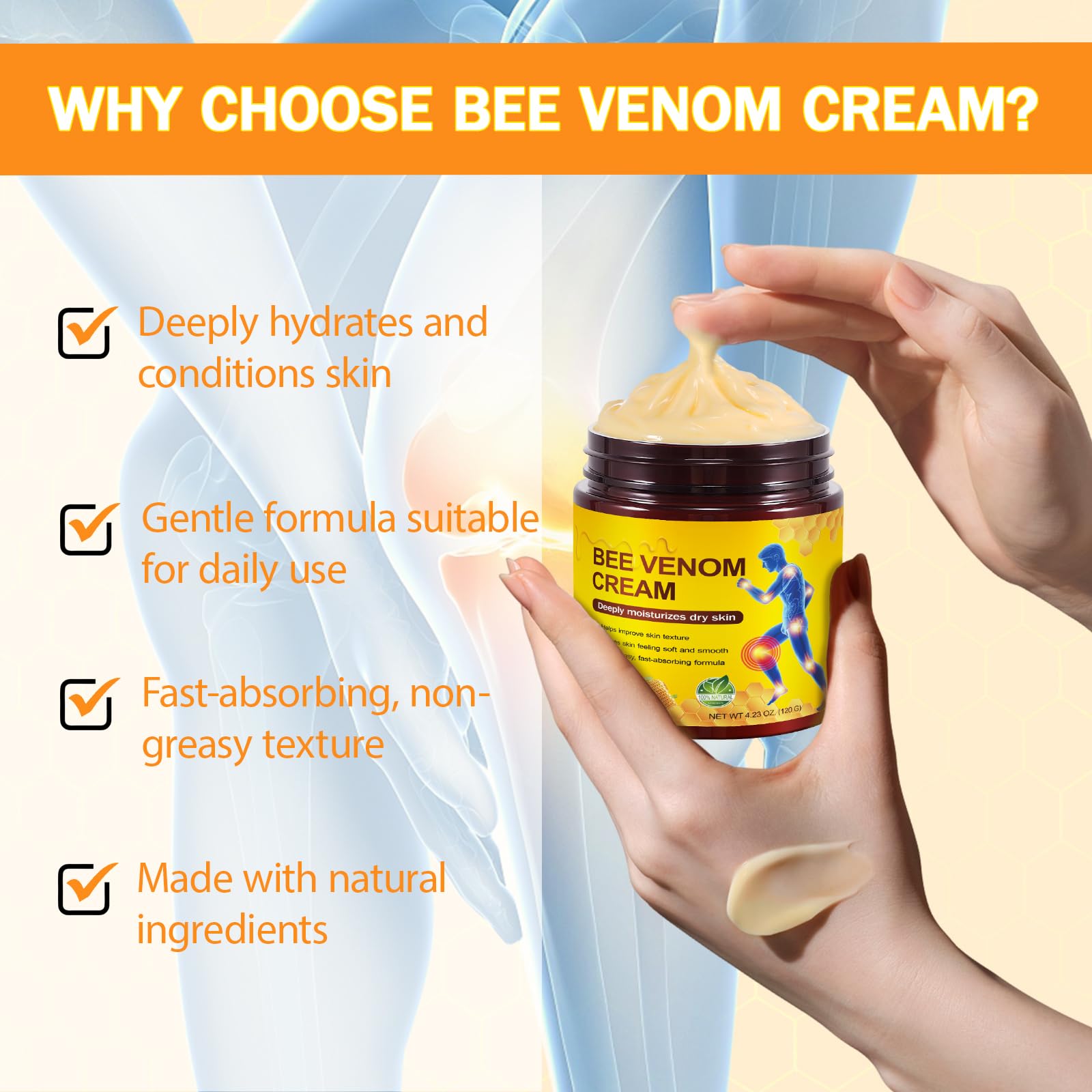 IKZEE Bee Venom Cream, a natural face and body moisturizer, shown in a jar with a smooth cream texture.