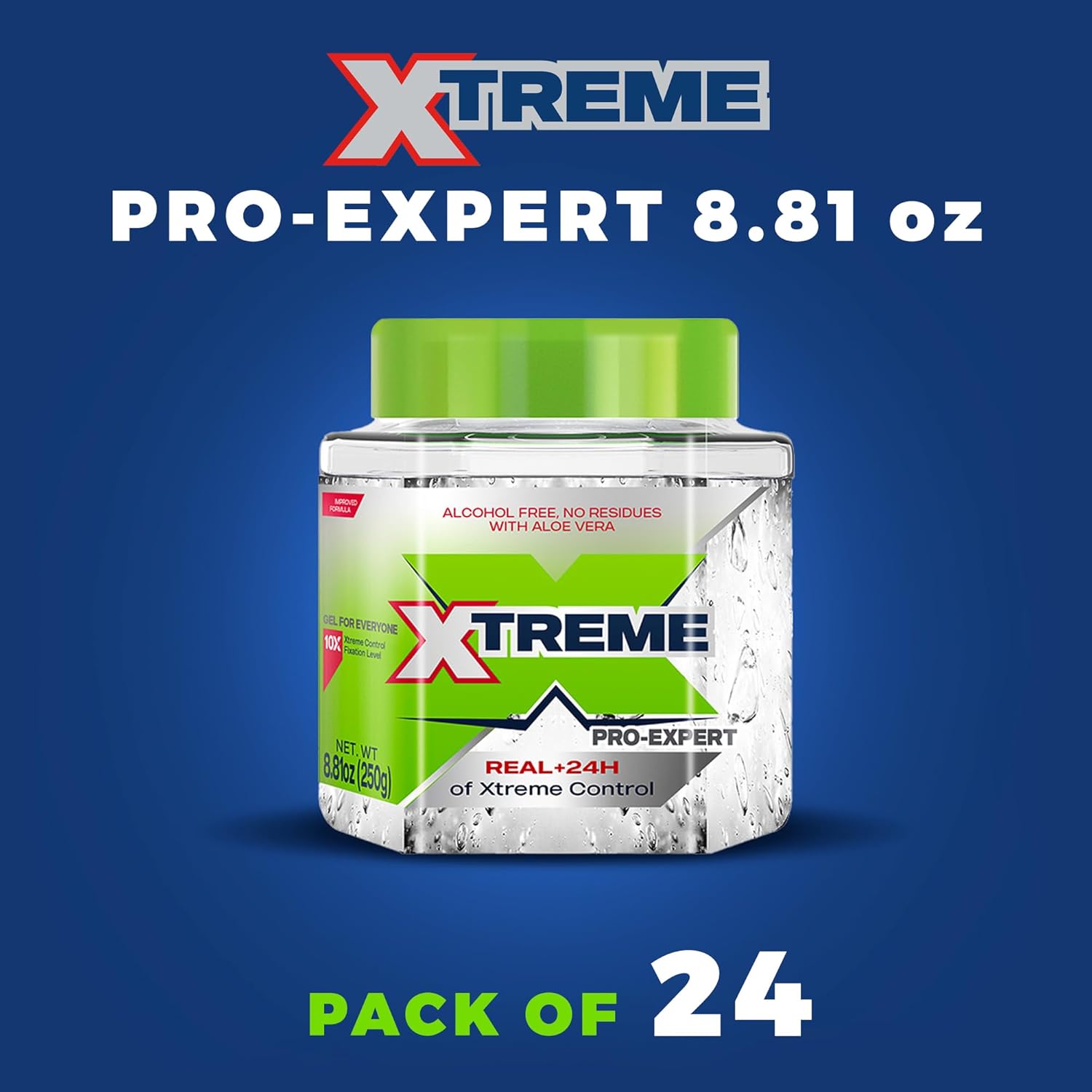 Xtreme Pro-Expert clear styling hair gel bottle with a black flip-top cap, alcohol-free formula for 24-hour control.