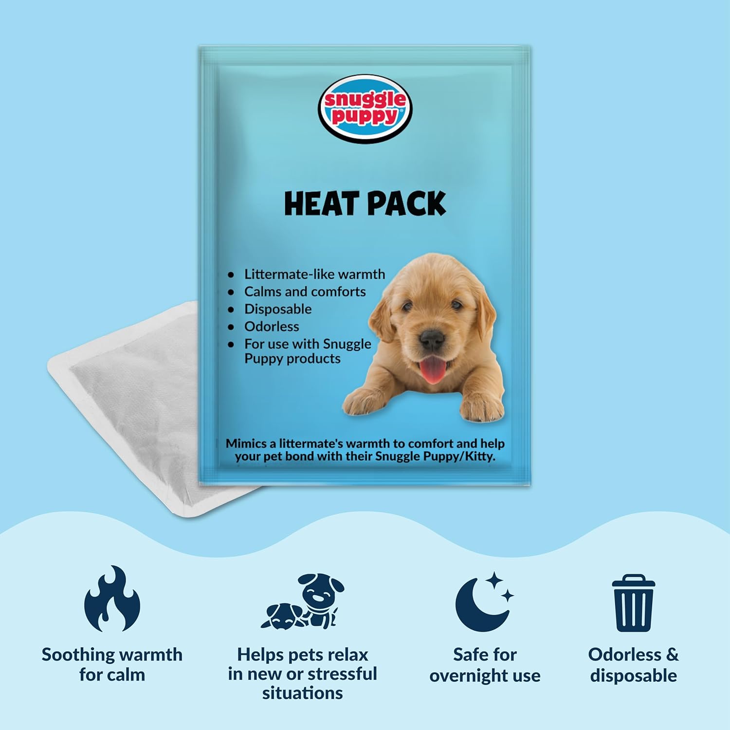 Snuggle Puppy plush dog toy with heartbeat simulation, heat pack, and soft fabric for comforting puppies and dogs.
