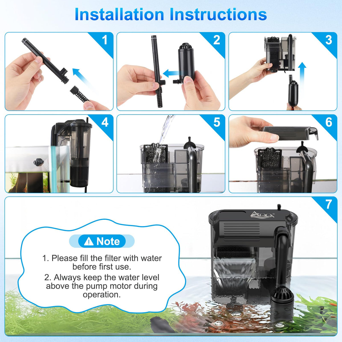 AQQA Aquarium Hang on Back Filter Slim Quiet HOB Power - AQQA Official Imagery - 7
