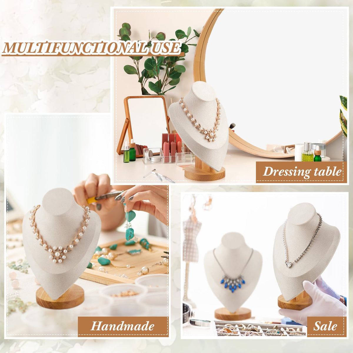 3 Pcs Necklace Display Stand Bamboo Jewelry Bust Display - Juexica Official Imagery - 7