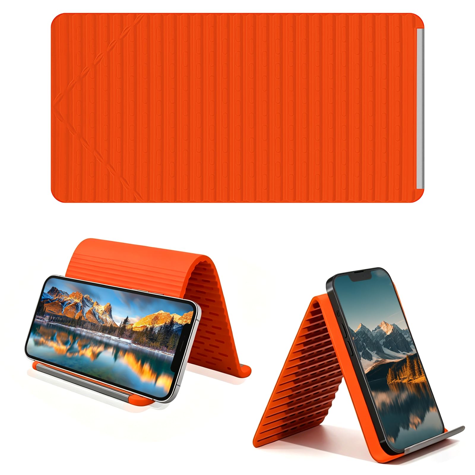 Orange foldable silicone aluminum phone stand with anti-slip pad, portable rollable holder for phones, tablets, and laptops.