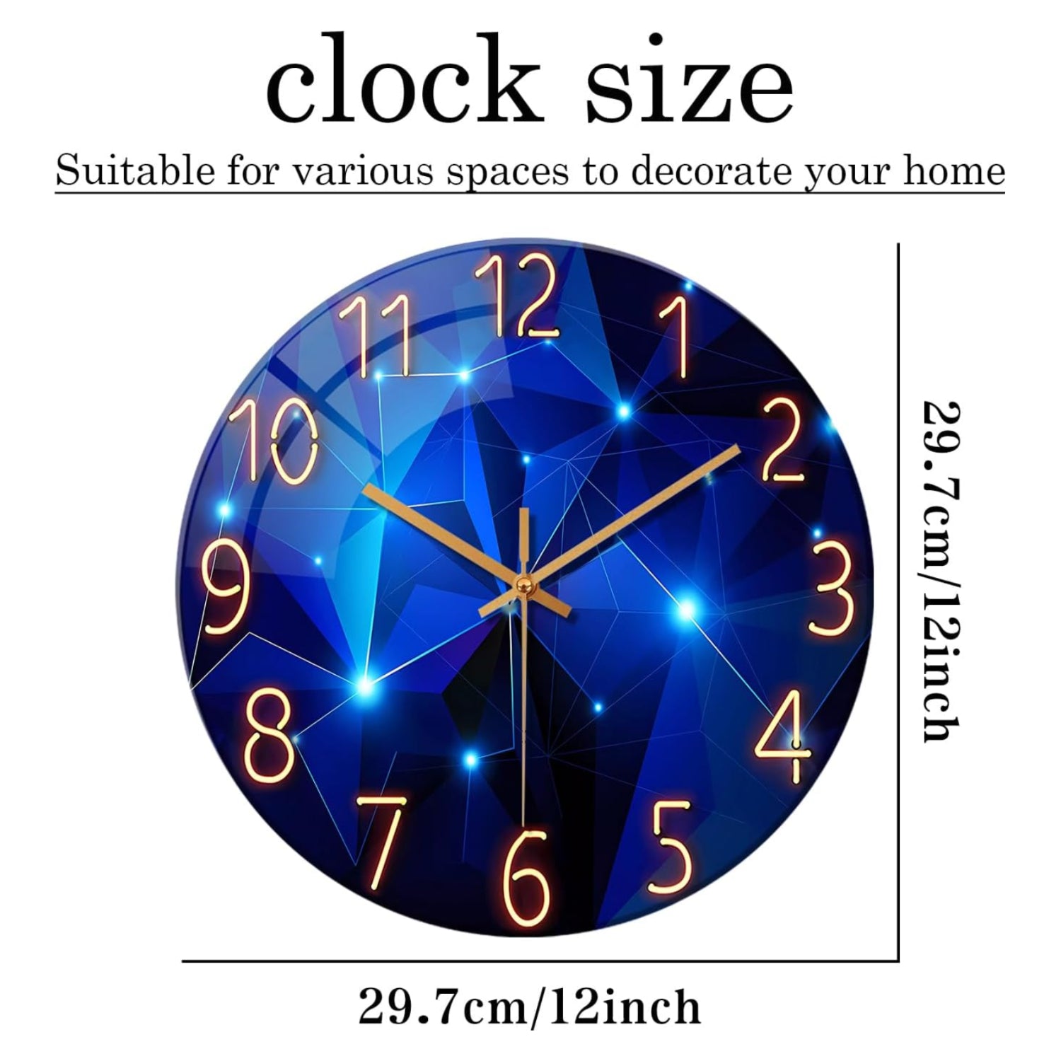 Blue round wall clock by Constantplanet, 12-inch glass decor clock for living room or kitchen, battery operated, non-ticking design.