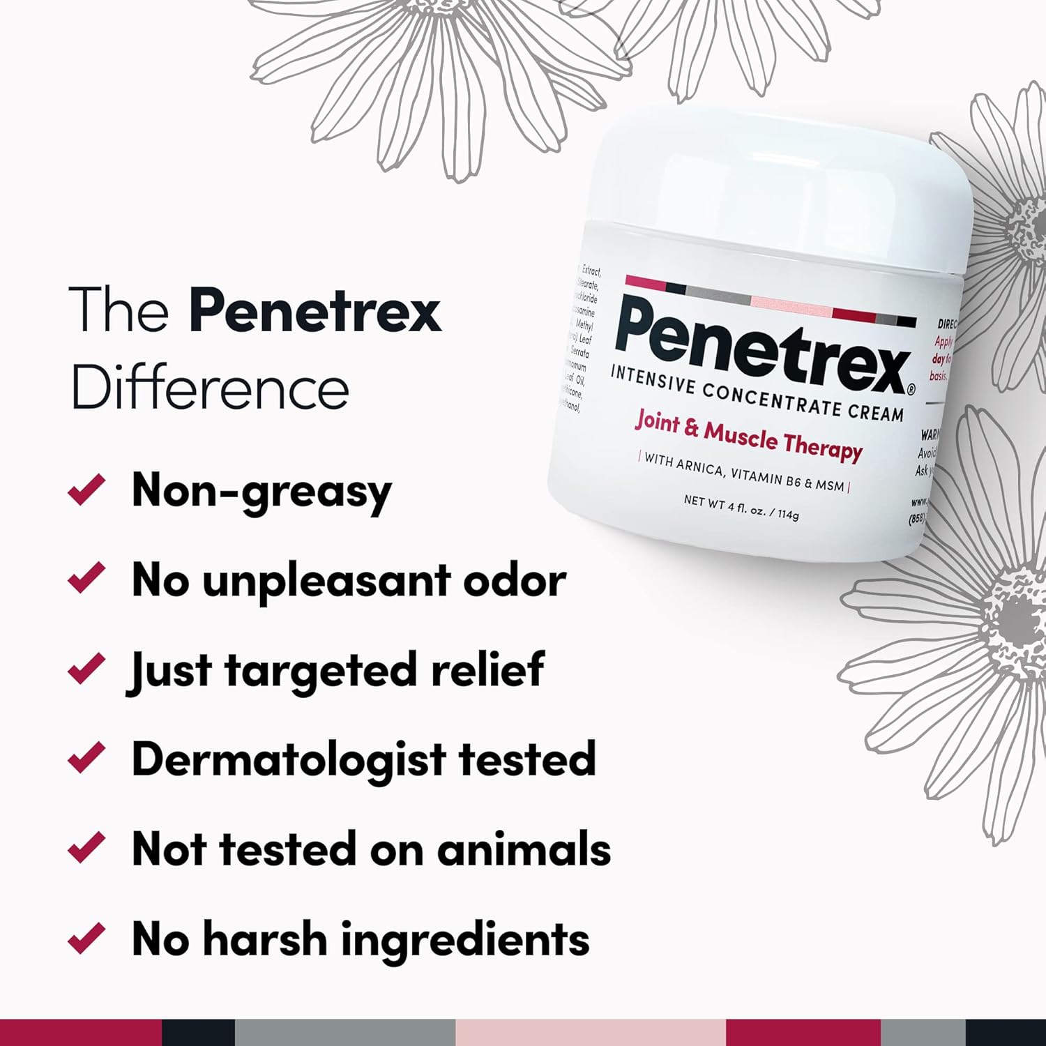 Penetrex Joint & Muscle Care soothing massage cream in a 4oz non-greasy jar, used for pain relief and muscle relaxation.