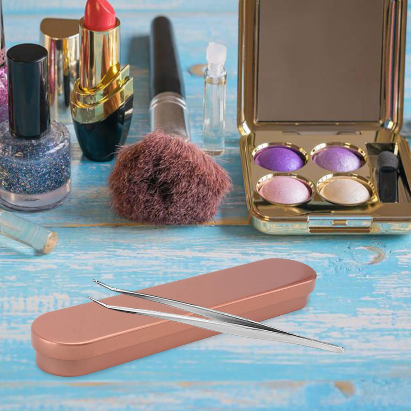 POPETPOP 5-piece eyelash extension tweezers storage caddy with metal flip lid, portable organizer box for makeup tools and lash artists