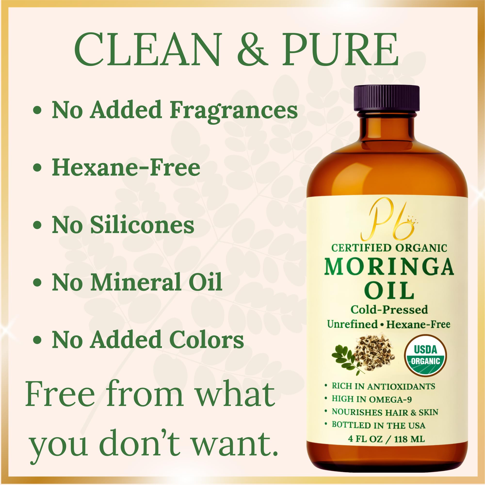 Pomberries Organic Moringa Oil for face, skin, and hair in a 4oz bottle, natural moisturizer with a clear glass container.