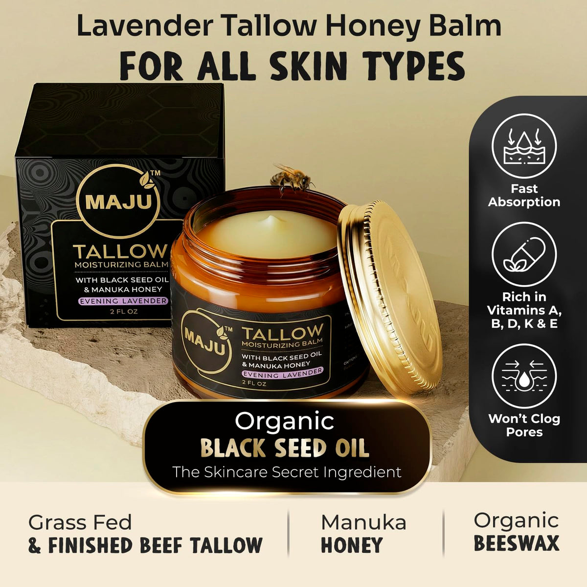 MAJU Tallow Honey Balm Evening Lavender Grass Fed Beef - Maju Superfoods Official Imagery - 3