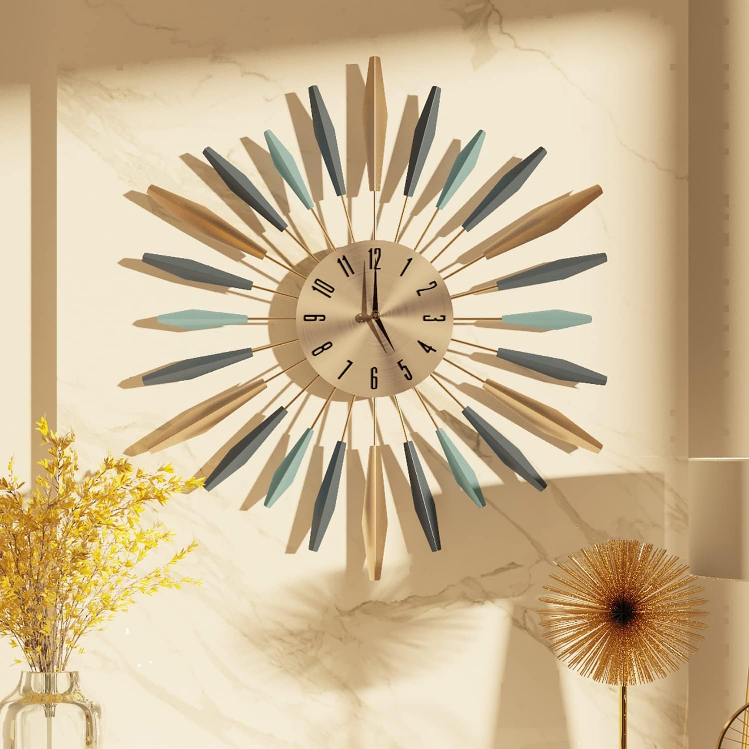 Large YISITEONE metal wall clock with a mid-century design, silent non-ticking mechanism, featuring bold black and white clock hands.