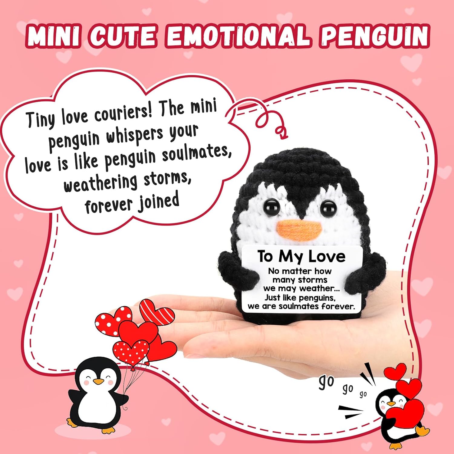 Handmade crochet mini penguin gift for him or her, featuring CryCarrot branding, perfect for expressing love and affection.