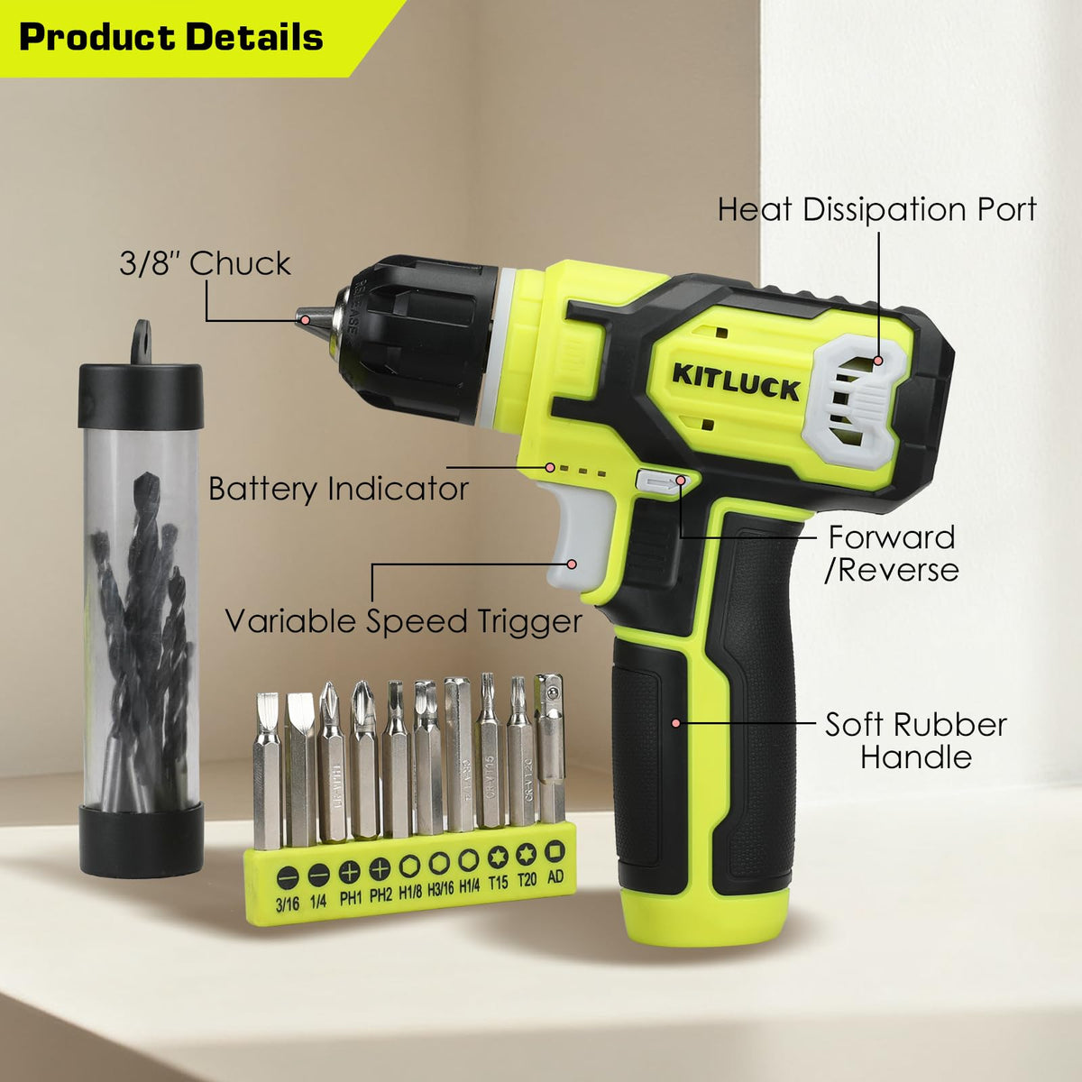 Power Drill Set 180Pcs Home Hand Tool Kit with 8V Drill - KITLUCK Official Imagery - 6