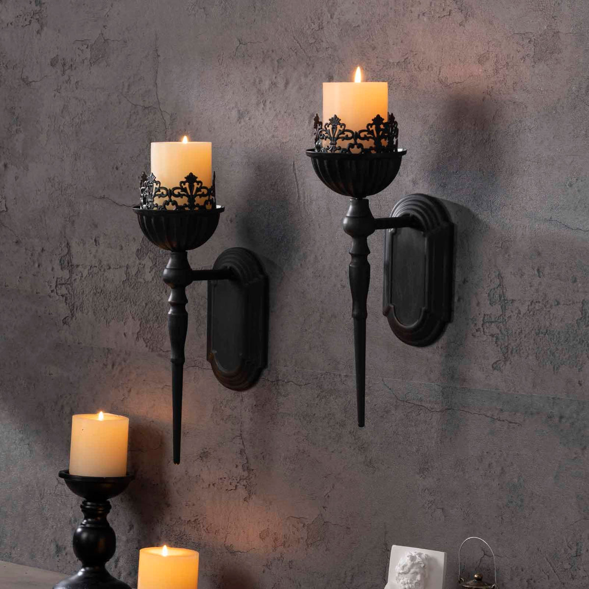 Gothic Wall Sconce Candle Holder Black Crown and Scepter - WOPARTY Official Imagery - 7