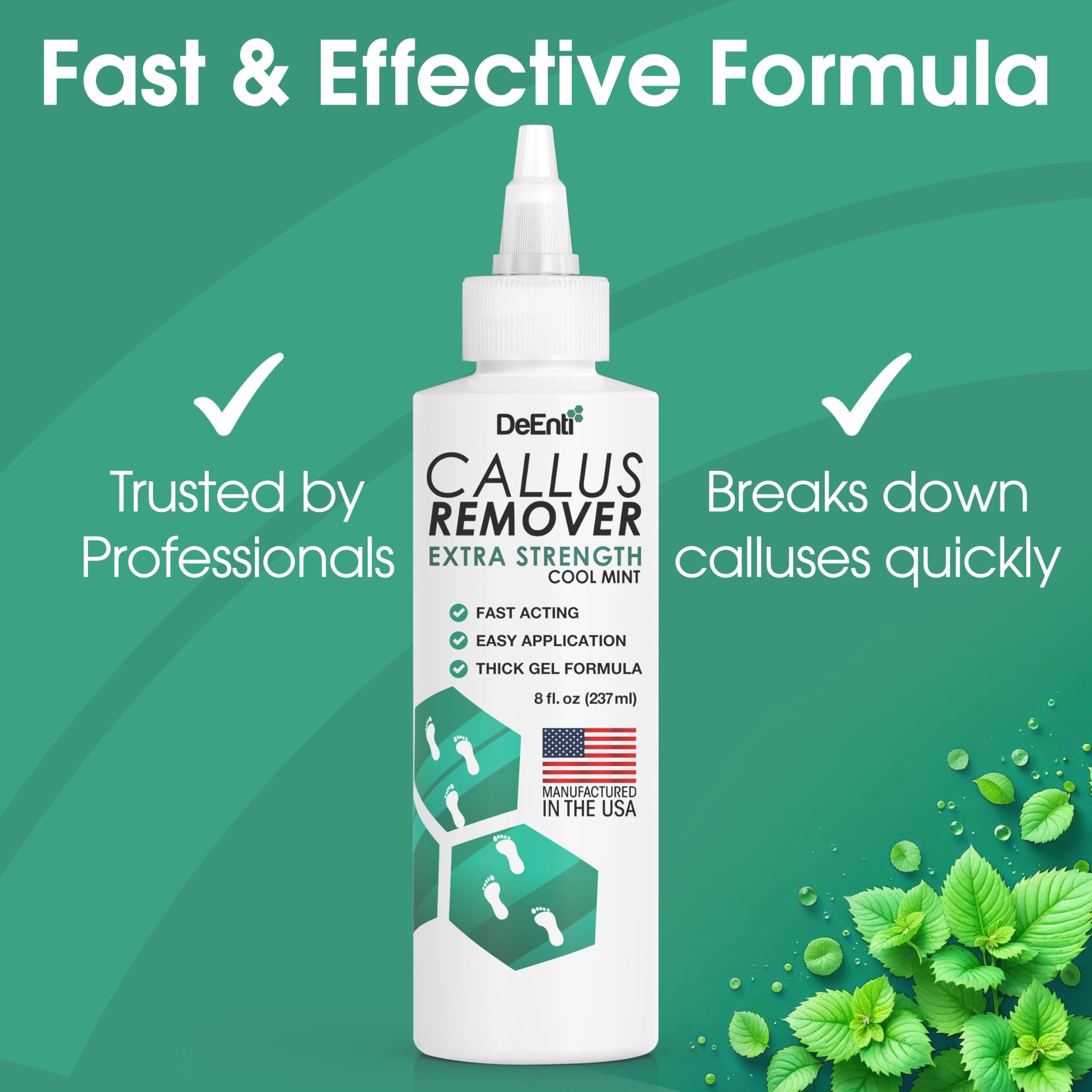 DeEnti Foot Callus Remover Gel in Cool Mint, 8oz, for smoothing rough, dry skin on feet.