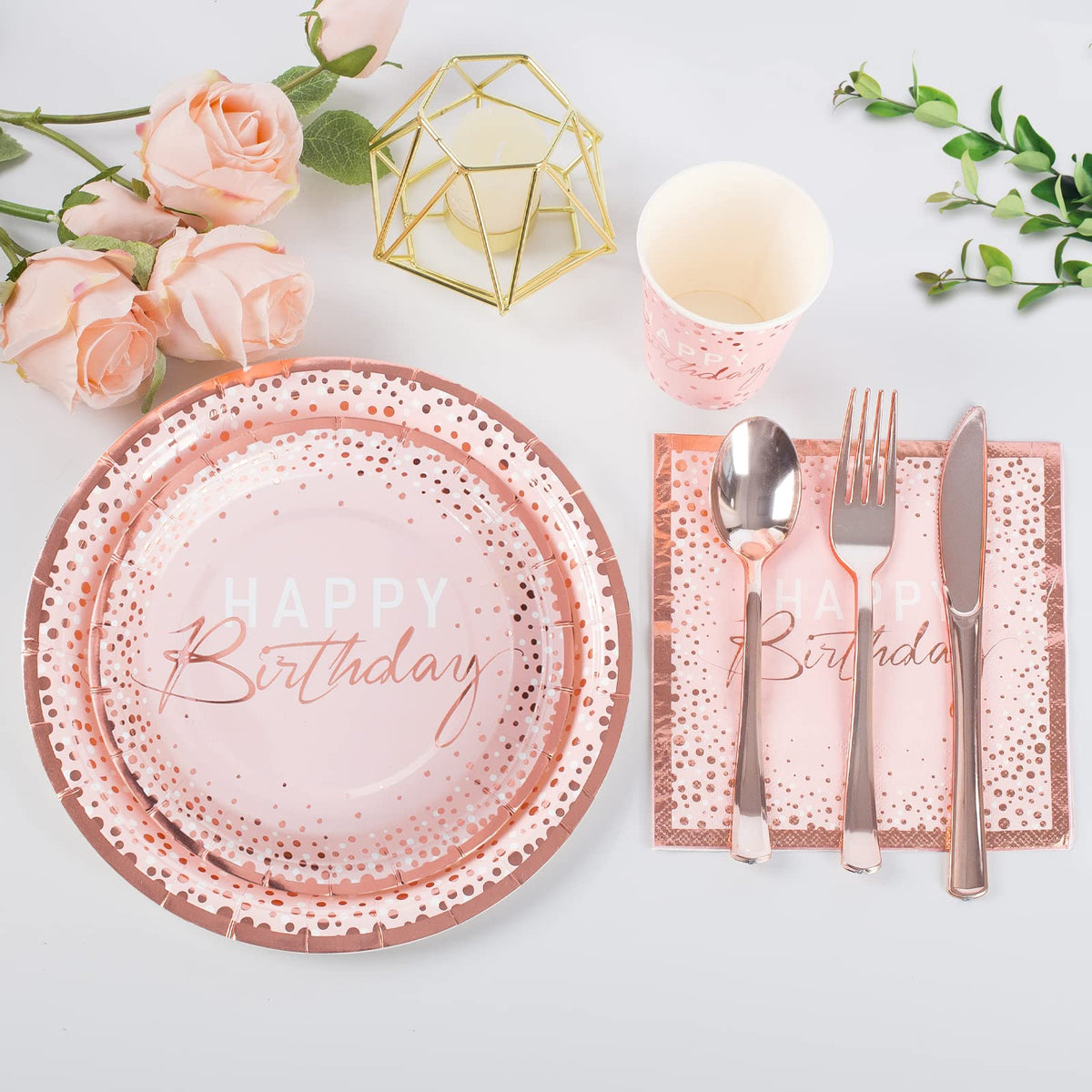 175PCS Pink and Rose Gold Birthday Paper Plates Dinnerware - Tyzarglef Official Imagery - 3