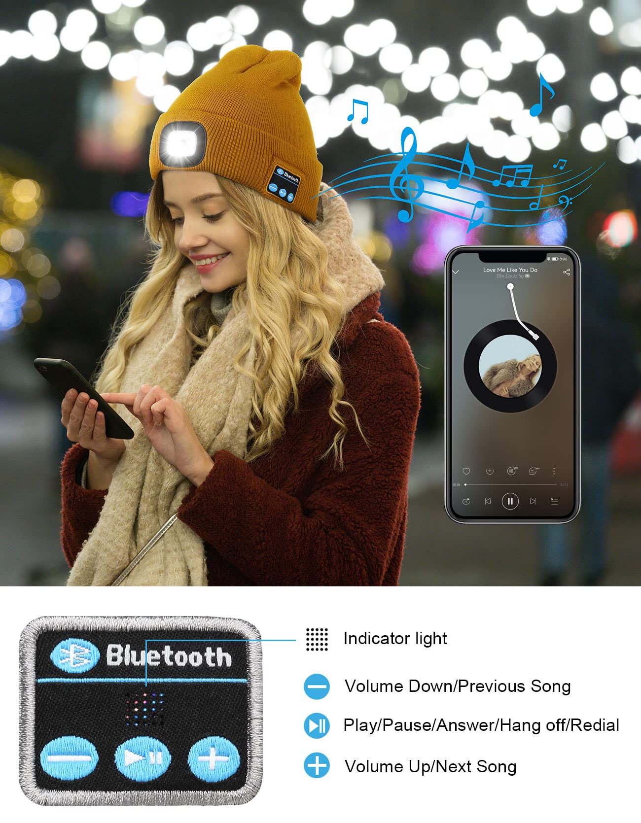 Wmcaps Bluetooth Beanie with a Light, Unisex USB Rechargeable 4 LED Fashlight Ha - Wmcaps Official Product View 3