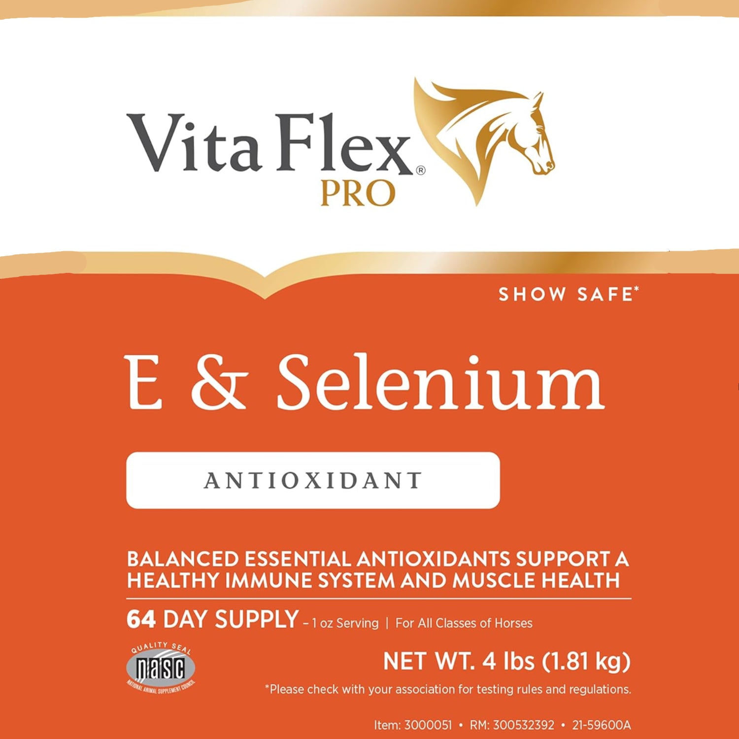 Vita Flex Pro E & Selenium supplement for horses, 4 lb powder with vitamin E and selenium, 64-day supply