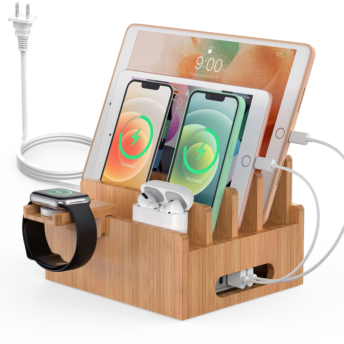 Bamboo Charging Station with USB Charger 5Cables Natural - Pezin & Hulin Official Imagery - 1