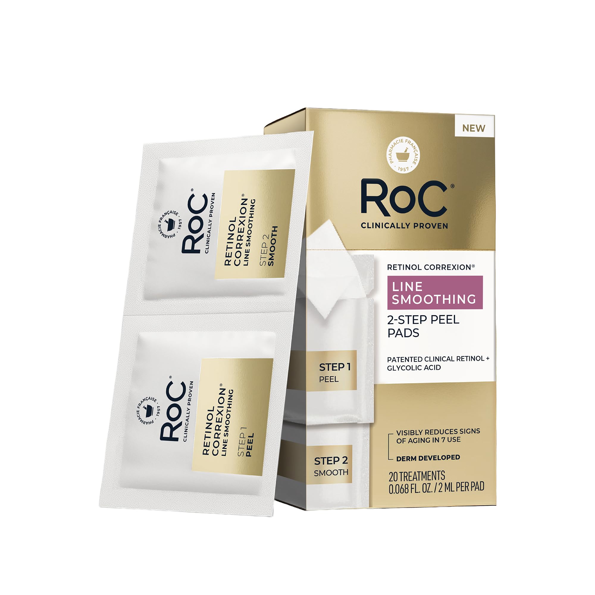 RoC Retinol Correxion line smoothing facial peel pads, showing textured pads with retinol for exfoliating and skin renewal.