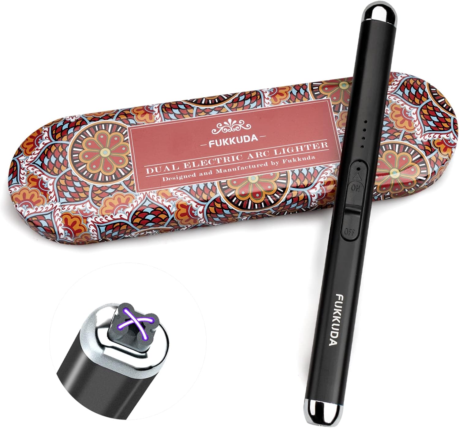 FUKKUDA electric candle lighter with safety switch, USB rechargeable, windproof design, shown with lit flame and sleek black body.