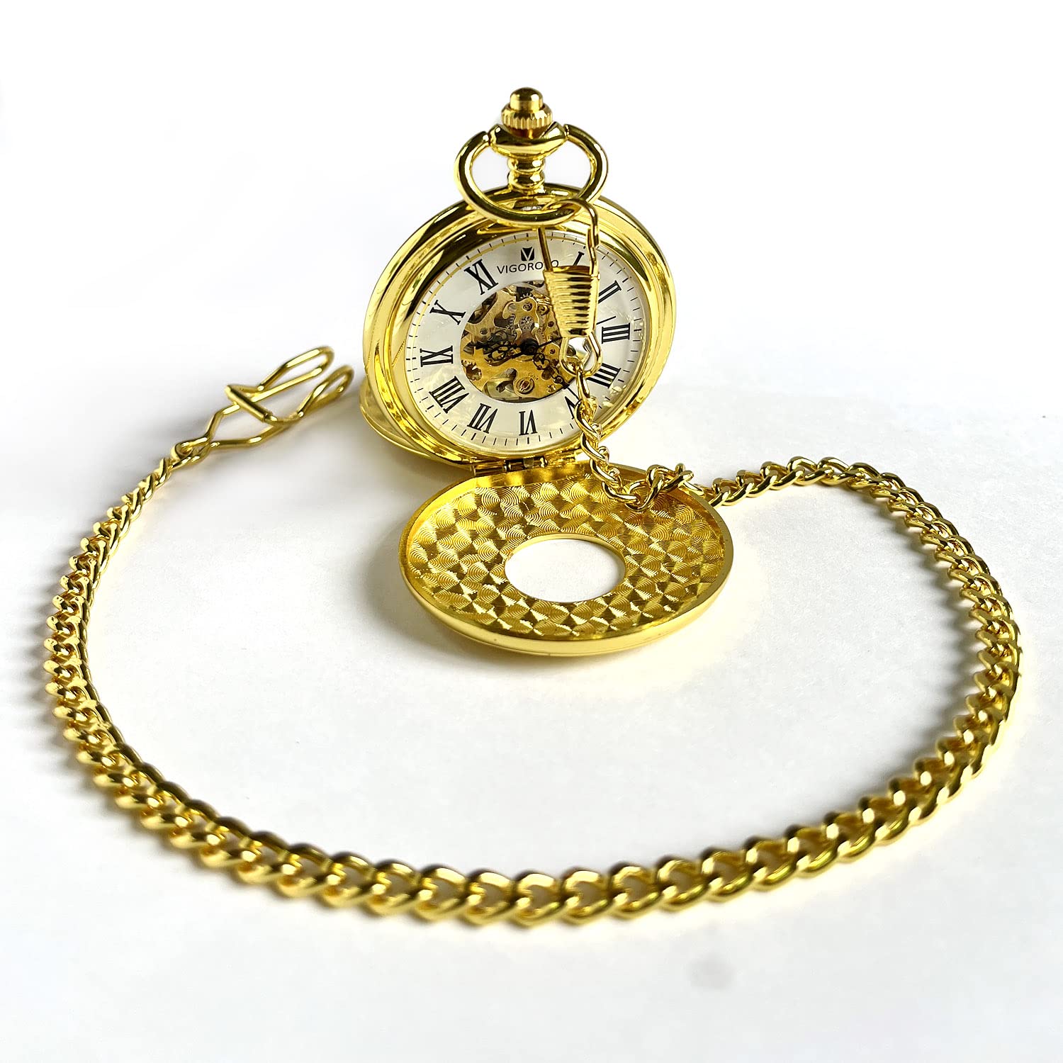 VIGOROSO Gold Mechanical Pocket Watch with Chain for Men