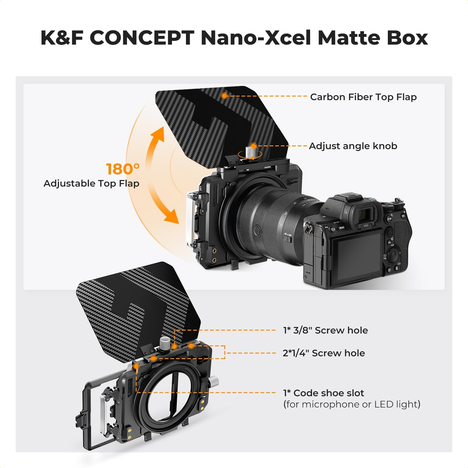 K&F CONCEPT DSLR matte box with carbon fiber top flag, adjustable lens support for professional camera filtering and light control.