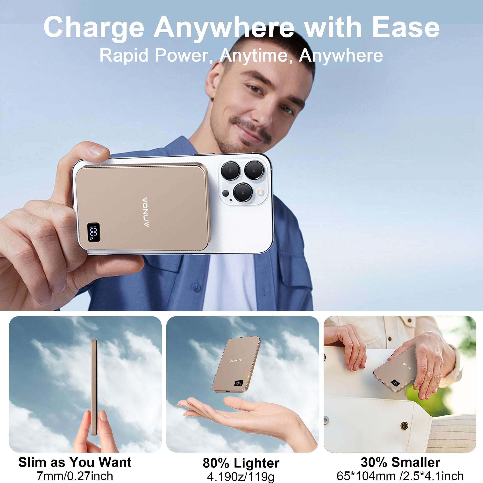 VONUV Magnetic Portable Charger 5000mAh, 15W Ultra Slim Wireless by VONUV - Angle View 6