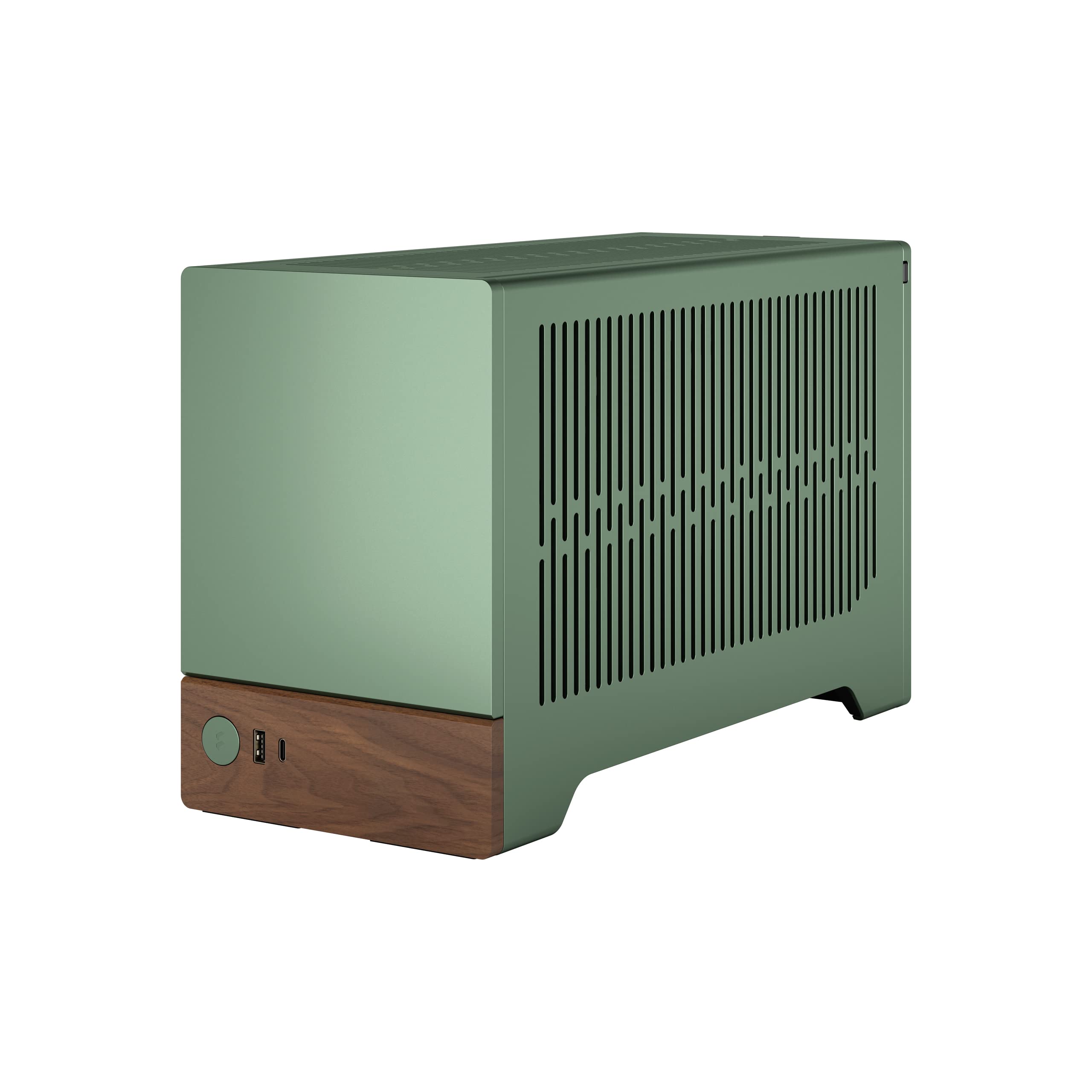 Fractal Design Terra Jade mini ITX gaming PC case with wood walnut front panel, anodized aluminum, PCIe 4.0 riser, and USB Type-C port.