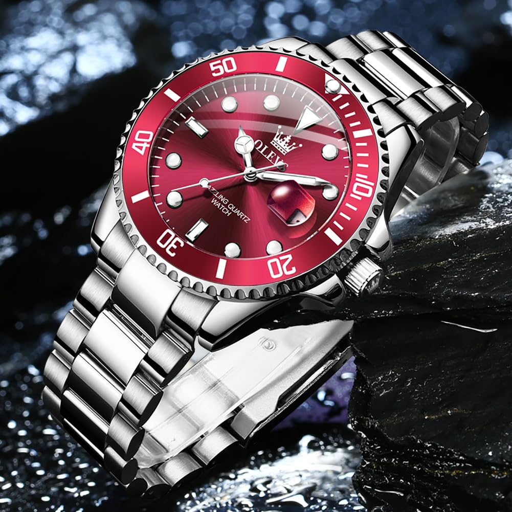 OLEVS Men's Silver & Red Dial Dress Watch Quartz Date Steel