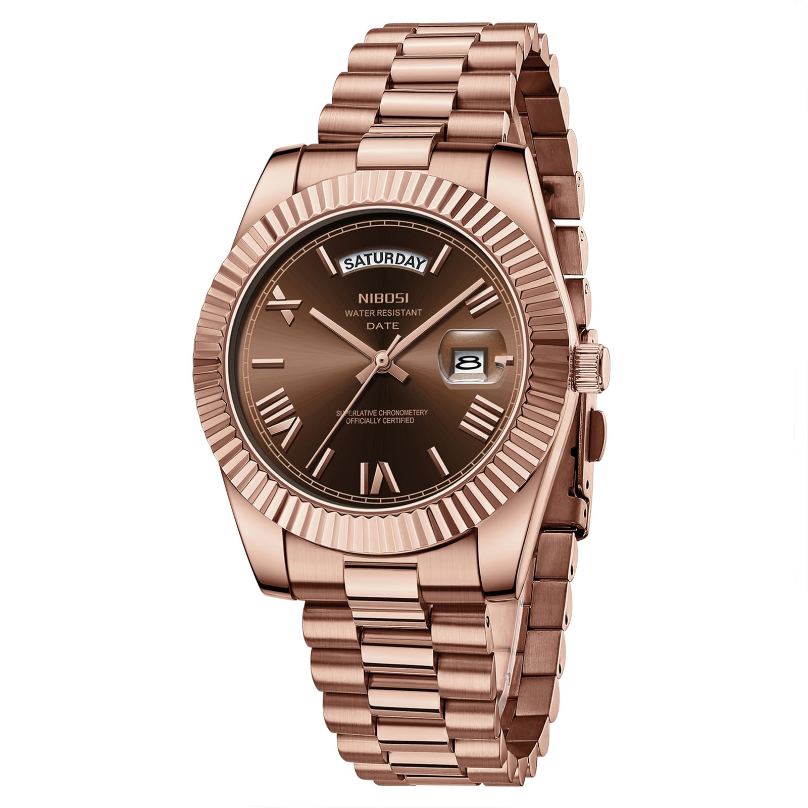 NIBOSI Men's Analog Quartz Watch, Rose Gold Stainless Steel, Day - Product Imagery
