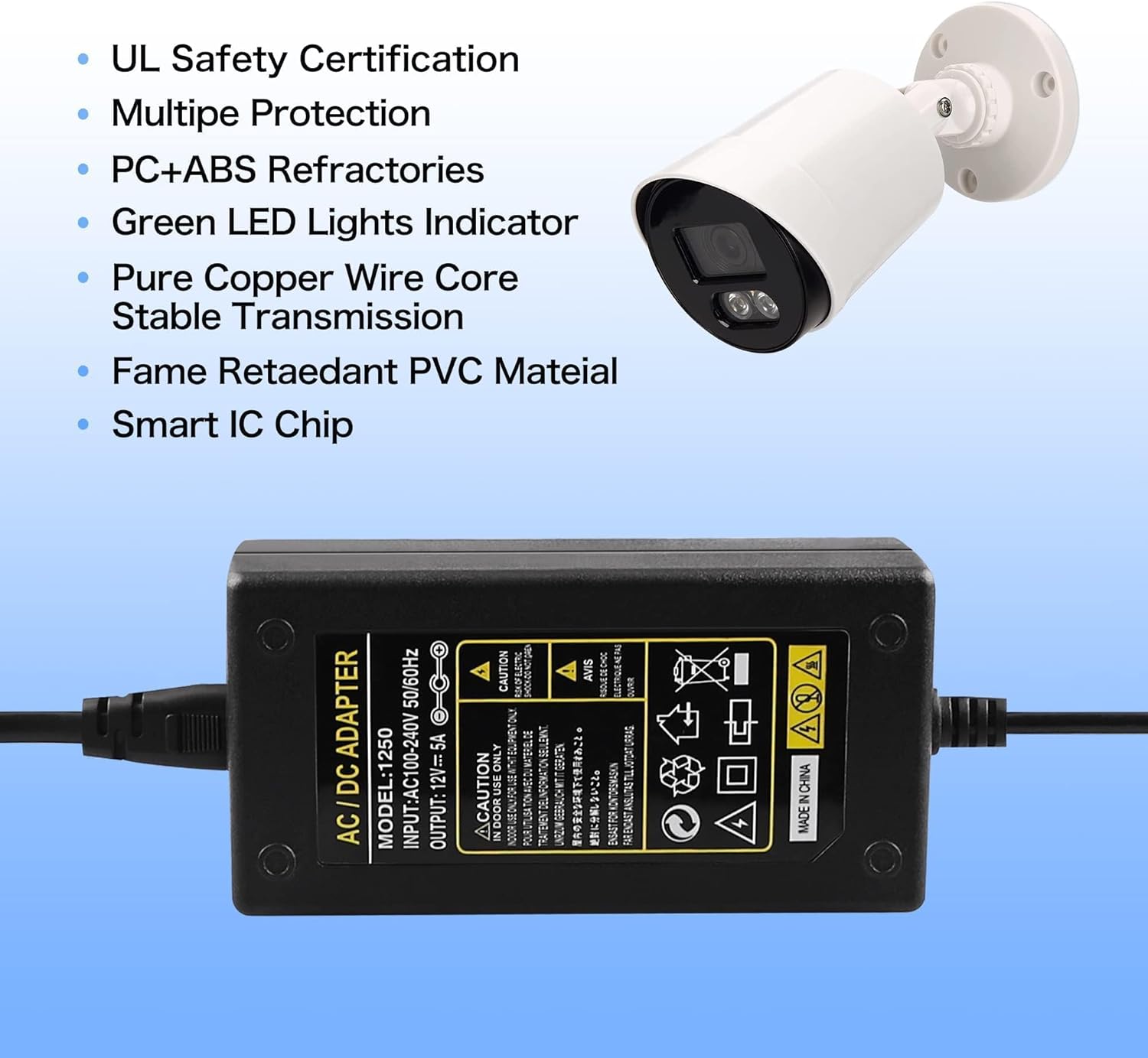 BXIZXD 12V 5A security camera power adapter with 8-way splitter, 100V-240V AC to DC LED power transformer for surveillance systems