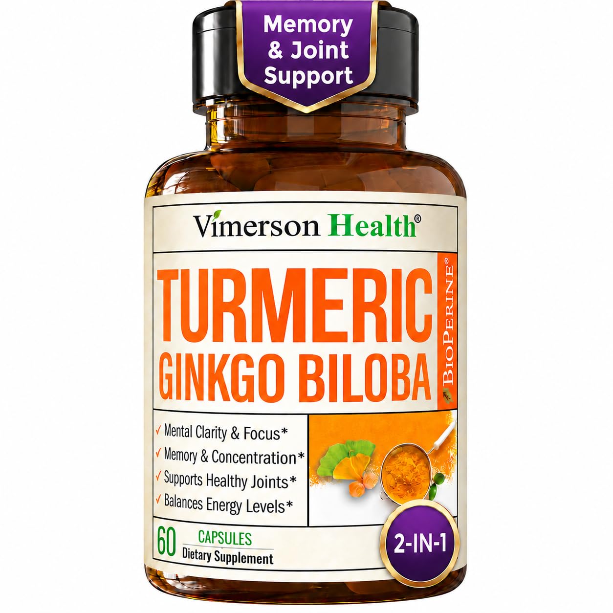 Ginko Biloba Capsules with Ginkgo Biloba 120mg & Organic Turme... - Vimerson Health Official Product View 1