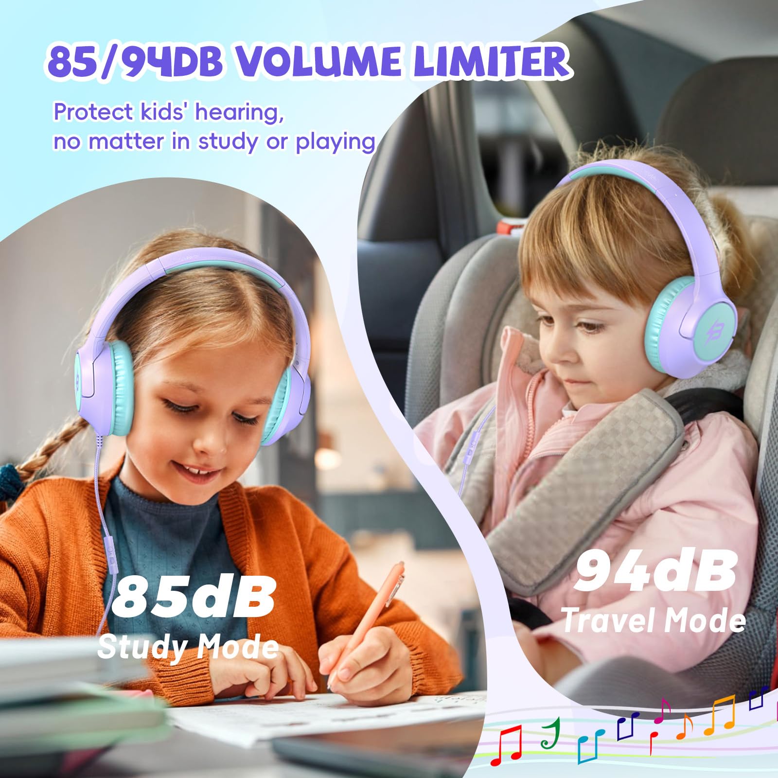 Purple wired kids headphones with microphone, safe volume limit, compatible with tablets and computers, by Botesty Sound.