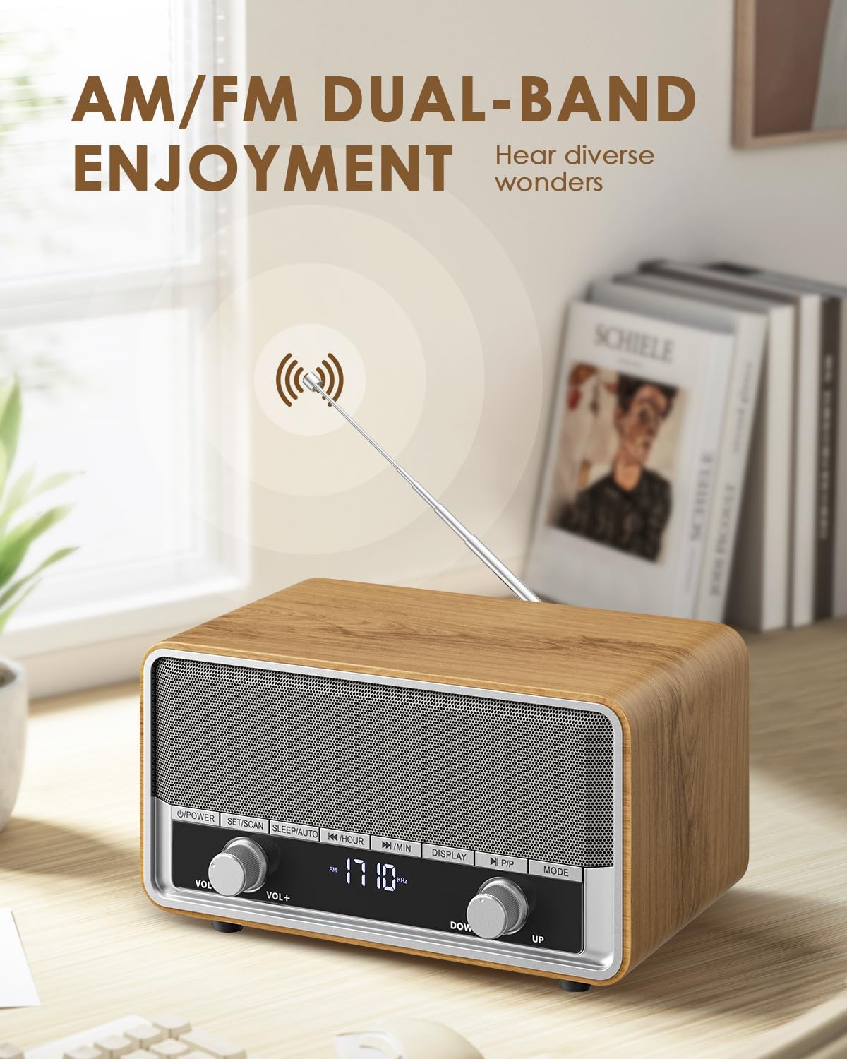 Vintage Audiocrazy wood AM FM Bluetooth radio with digital clock display and classic design.