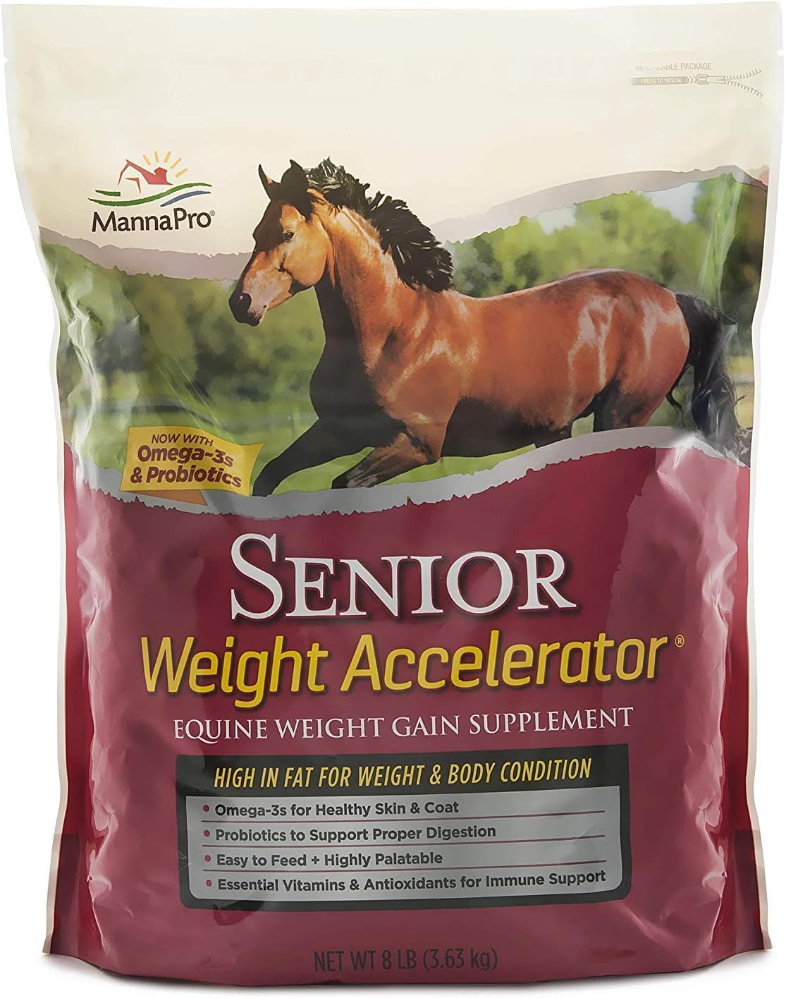 Manna Pro Weight Accelerator for senior horses showing a bag of horse supplement with images of a healthy, muscular senior horse.