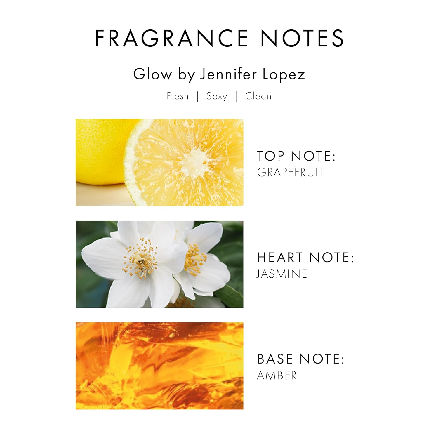 Jennifer Lopez Glow women’s 5 oz EDT spray bottle with clear and gold packaging, showcasing the perfume's elegant design.