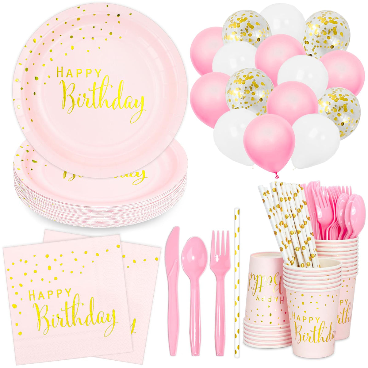 DYLIVeS 192pcs Pink Gold Dots Happy Birthday Party Pack - DYLIVeS Official Imagery - 1