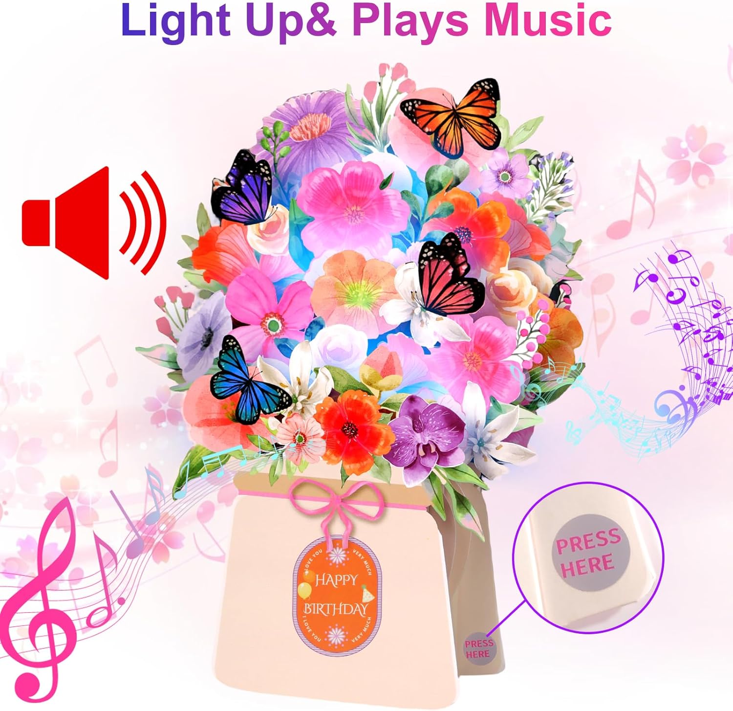 Yinqing birthday card featuring a light and music design with lilies and butterflies, 10-inch size, decorative and festive.