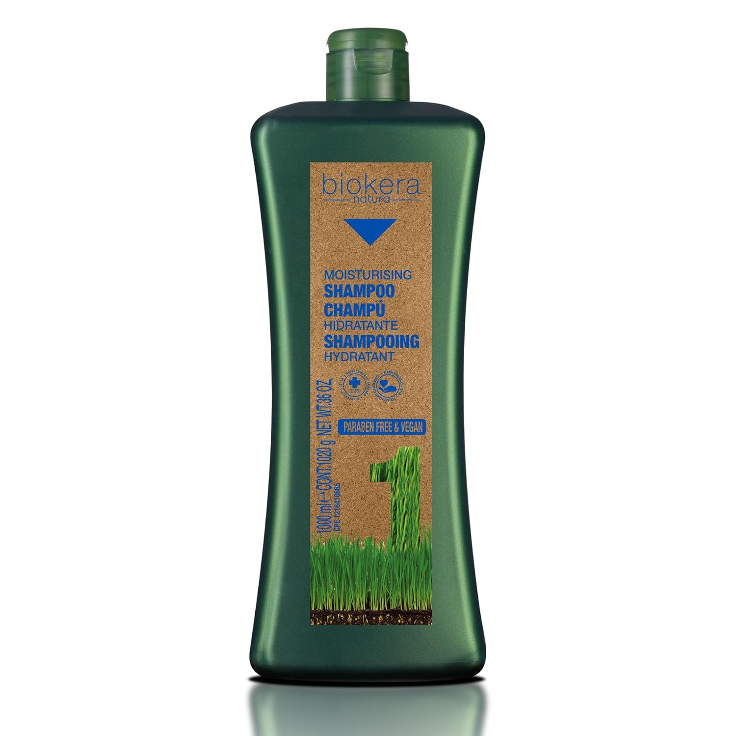 Salerm Biokera Natura Moisturising Shampoo in 36-ounce bottle, featuring a clear liquid and natural botanical ingredients.