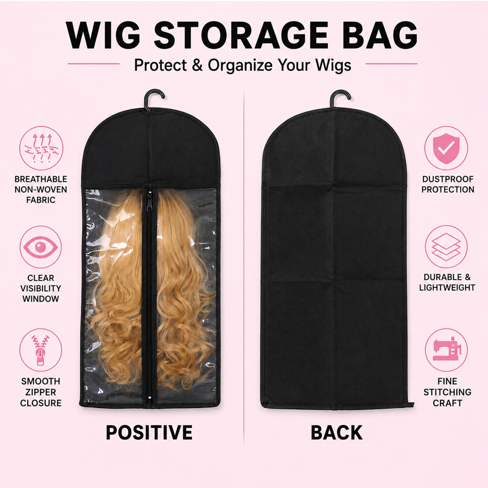 Awiniyeer 12 PCS Wig Storage Bags with Hanger, Dust-Proof Wig Holder for Multiple Wigs, Hair Extensions and Accessories, Clear Window Wigs Bags Storage Organizer(Black)