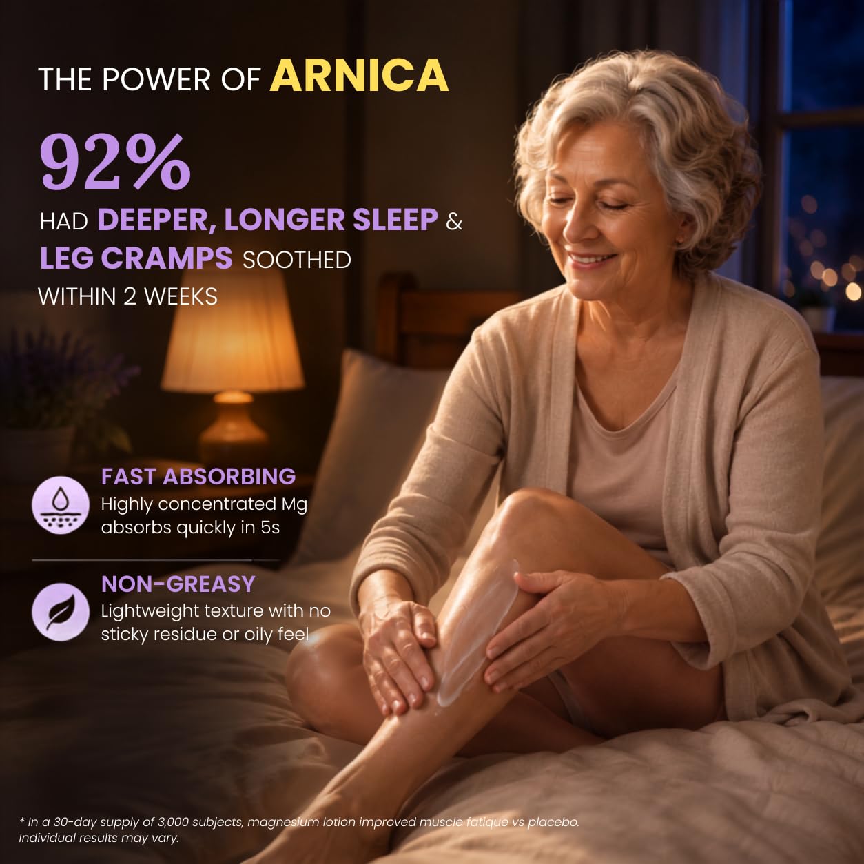 Senotori Magnesium Sleep Lotion with lavender and arnica in a 4oz bottle, moisturizing skin with calming ingredients.