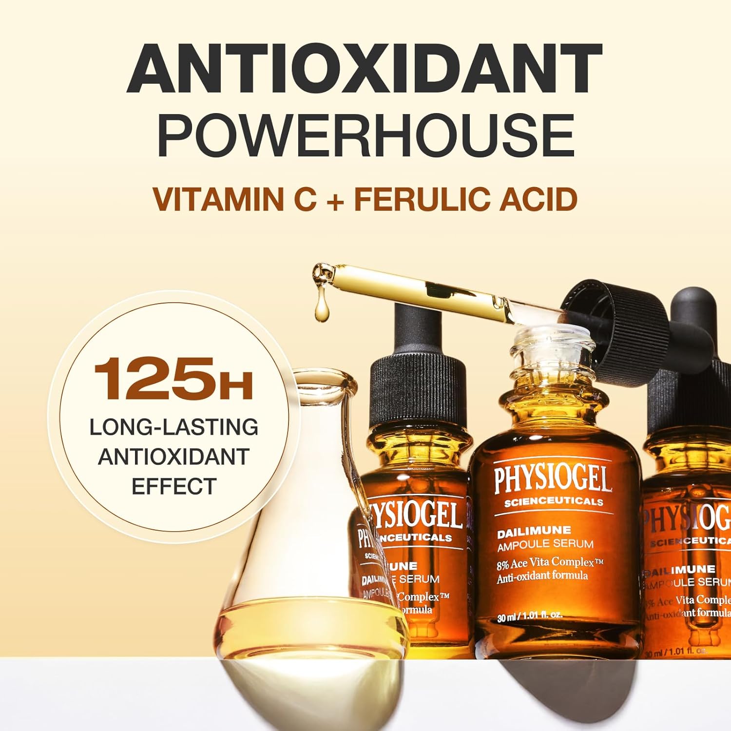 Physiogel Dailimune Ampoule Serum with 8% Vitamin for even skin tone, clear glass bottle with dropper and serum inside.