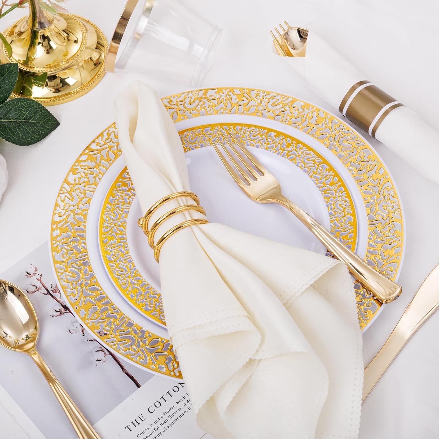 WELLIFE 175-piece gold dinnerware set with 25 dinner plates and 25 dessert plates, elegant and durable for dining occasions.