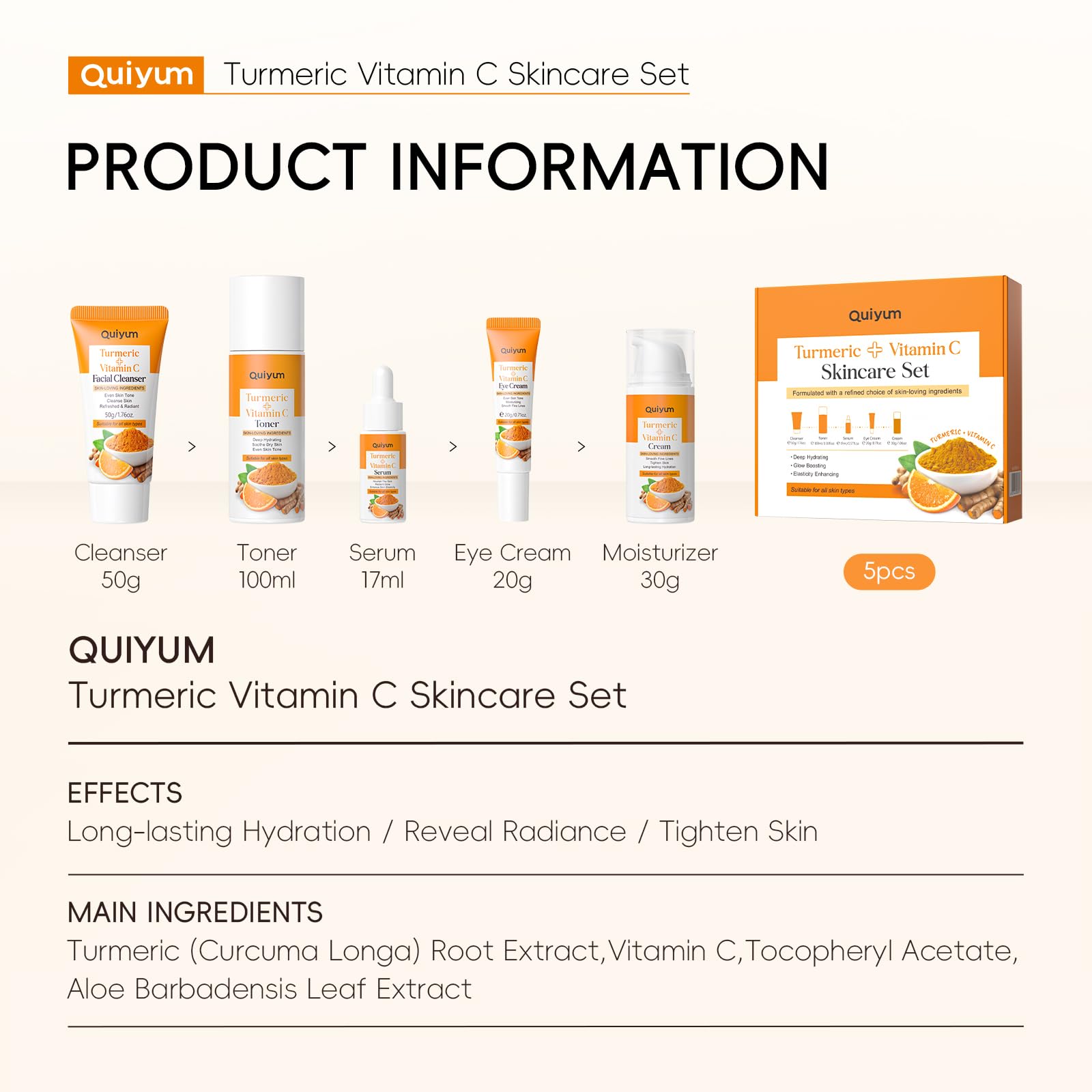 Turmeric Vitamin C Skin Care Set, 5PCS Beauty Routine for Women - QUIYUM